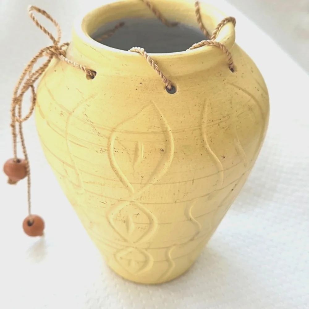 Southwestern Style Terra Cota Painted Yellow Vase With Rope Accent 6